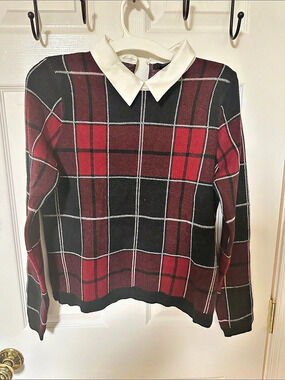Tahari Plaid Collared Long Sleeve Top Black & Red Medium